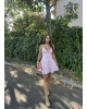 Pembe Kısa Sırt Detay Keten Elbise