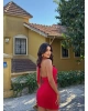 Kırmızı Boyundan Bağlamalı Bel Aksesuarlı Mini Elbise