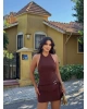 Kahverengi Boyundan Bağlamalı Bel Aksesuarlı Mini Elbise