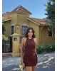 Kahverengi Boyundan Bağlamalı Bel Aksesuarlı Mini Elbise