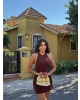 Kahverengi Boyundan Bağlamalı Bel Aksesuarlı Mini Elbise