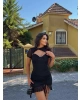 Siyah Tül Detay Büzgülü Tasarım Elbise