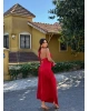 Kırmızı V Yaka Drapeli Yırtmaçlı Premium Elbise