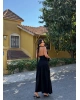Siyah V Yaka Drapeli Yırtmaçlı Premium Elbise