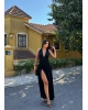 Siyah V Yaka Drapeli Yırtmaçlı Premium Elbise
