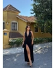 Siyah V Yaka Drapeli Yırtmaçlı Premium Elbise