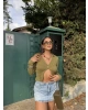 Yeşil Düğme Detay Triko Bluz