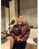 Bordo Kemer Detay Oversize Deri Ceket