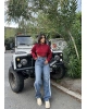 Mavi Şeritli Tokalı Baggy Jean