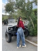 Mavi Şeritli Tokalı Baggy Jean