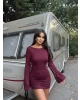 Bordo Sırt Detay Simli Elbise