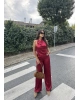 Bordo Saten Boyundan Geçirmeli Bluz Takım