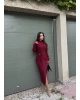 Bordo Bisiklet Yaka Bel Detay Uzun Elbise