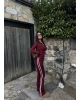Bordo Şeritli Tayt Pantolon