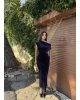 Lacivert Simli Kadife Omuz Detay Uzun Elbise