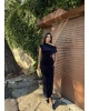 Lacivert Simli Kadife Omuz Detay Uzun Elbise