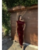 Bordo Simli Kadife Omuz Detay Uzun Elbise