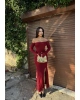 Bordo Sırt Bağlama Detay Uzun Elbise