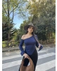 Lacivert Tek Omuz Büzgülü Asimetrik Crop