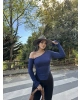 Lacivert Tek Omuz Büzgülü Asimetrik Crop