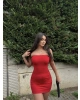 Kırmızı Straplez Taşlı Mini Elbise