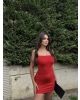 Kırmızı Straplez Taşlı Mini Elbise