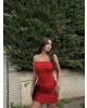 Kırmızı Straplez Taşlı Mini Elbise