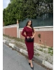 Bordo Tek Kol Tokalı Uzun Elbise