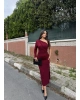Bordo Tek Kol Tokalı Uzun Elbise