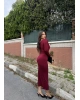 Bordo Tek Kol Tokalı Uzun Elbise
