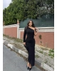 Siyah Tek Kol Tokalı Uzun Elbise