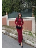 Bordo Sırt Dekolteli Uzun Elbise