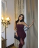 Bordo Simli Straplez Şortlu Elbise