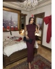 Bordo Simli Yırtmaç Detay Uzun Elbise
