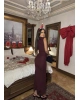 Bordo Simli Yırtmaç Detay Uzun Elbise