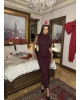 Bordo Simli Yırtmaç Detay Uzun Elbise