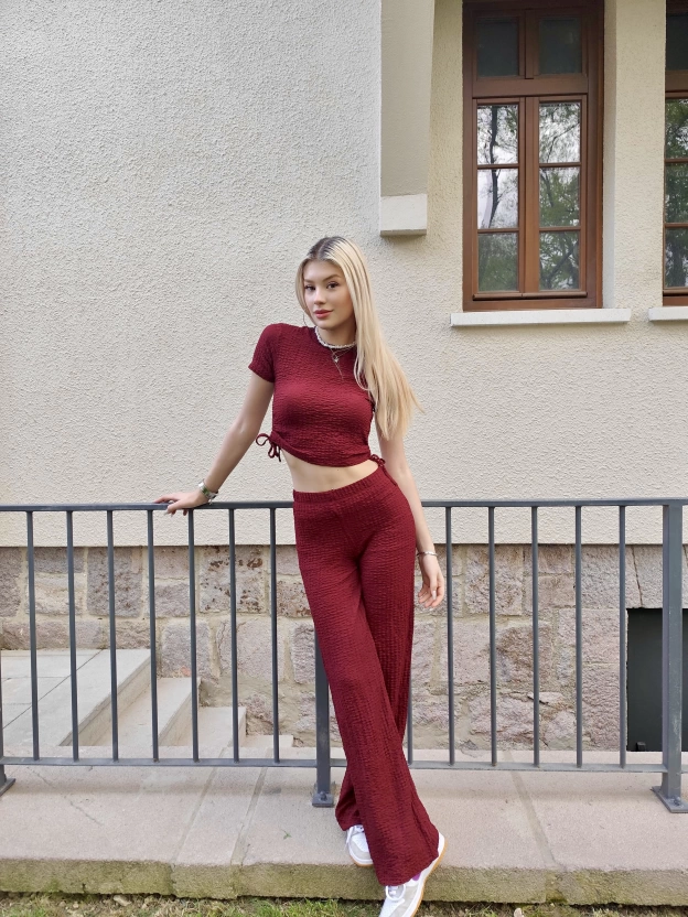 Bordo Büzgü Detay Bürümcük Alt Üst Takım