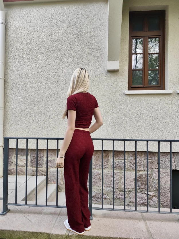 Bordo Büzgü Detay Bürümcük Alt Üst Takım