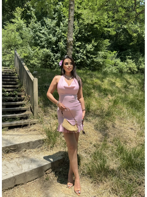 Pembe Degaje Yaka Boyundan Bağlamalı Büzgülü Elbise