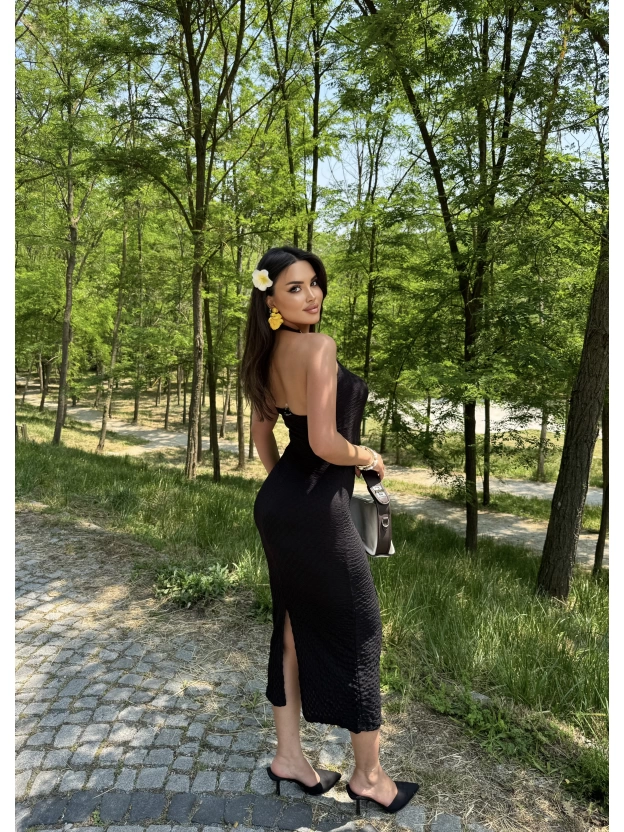Siyah Boyundan Bağlamalı Bürümcük Uzun Elbise