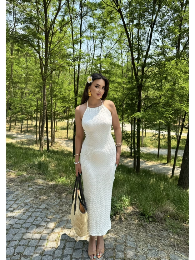 Beyaz Boyundan Bağlamalı Bürümcük Uzun Elbise