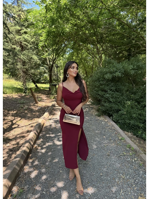 Bordo Degaje Yaka Uzun Elbise