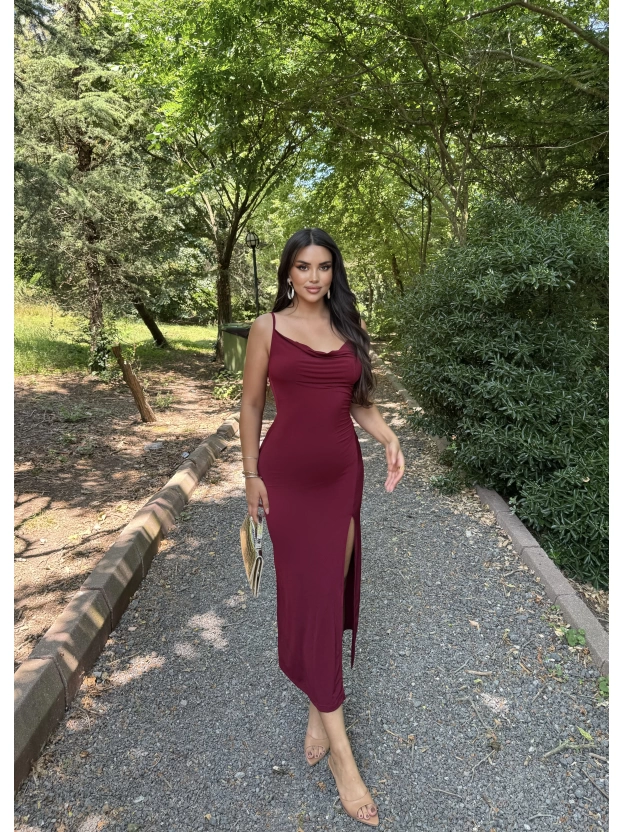 Bordo Degaje Yaka Uzun Elbise