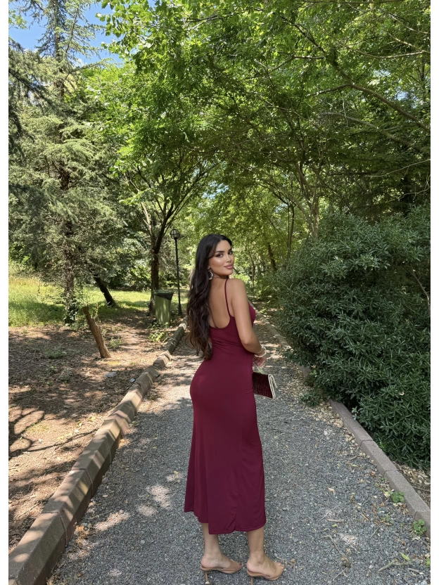 Bordo Degaje Yaka Uzun Elbise