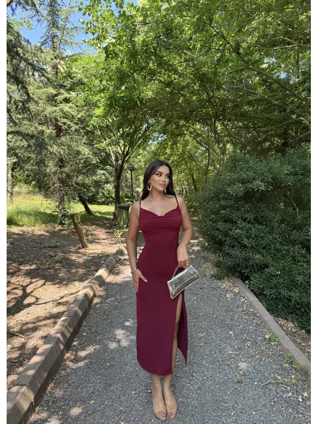 Bordo Degaje Yaka Uzun Elbise