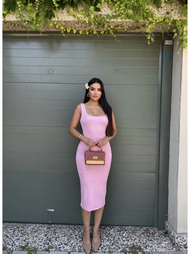 Pembe Kare Yaka Uzun Basic Elbise