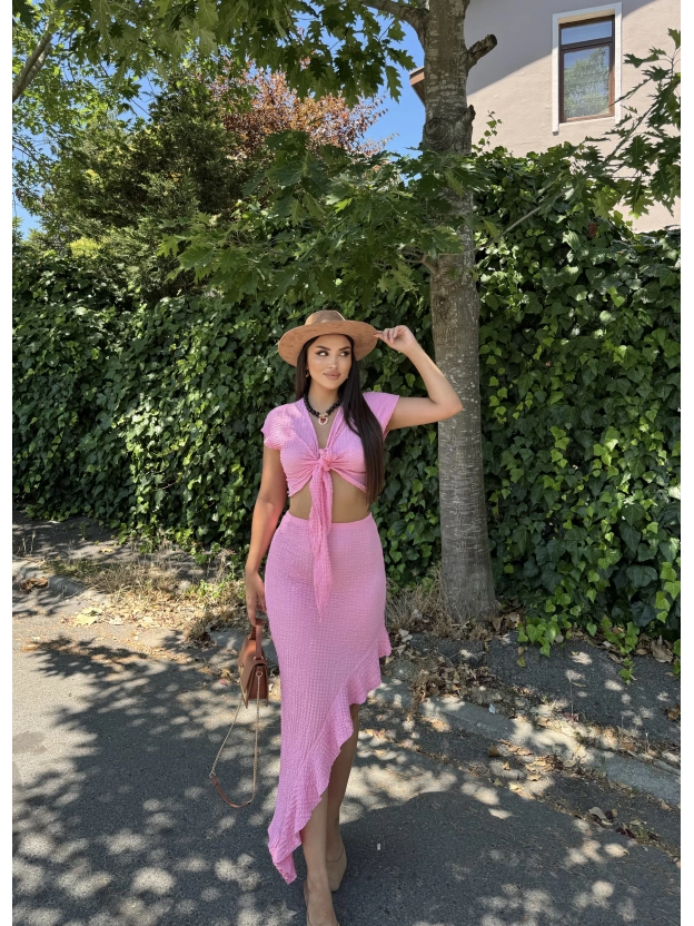 Pembe Ön Bağlamalı İkili Etek Takım