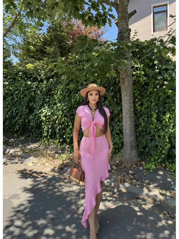 Pembe Ön Bağlamalı İkili Etek Takım