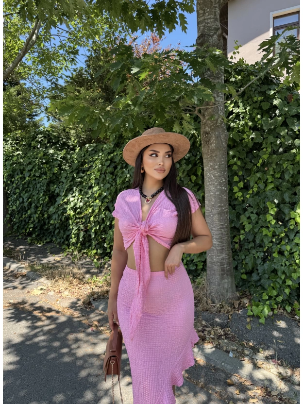 Pembe Ön Bağlamalı İkili Etek Takım