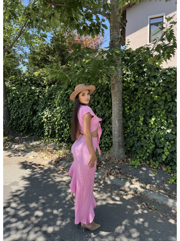 Pembe Ön Bağlamalı İkili Etek Takım